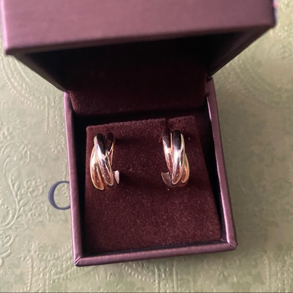 SOLD Trinity Tri Color 18k Gold Twisted Crossover Huggie J-Hoop Post Earrings